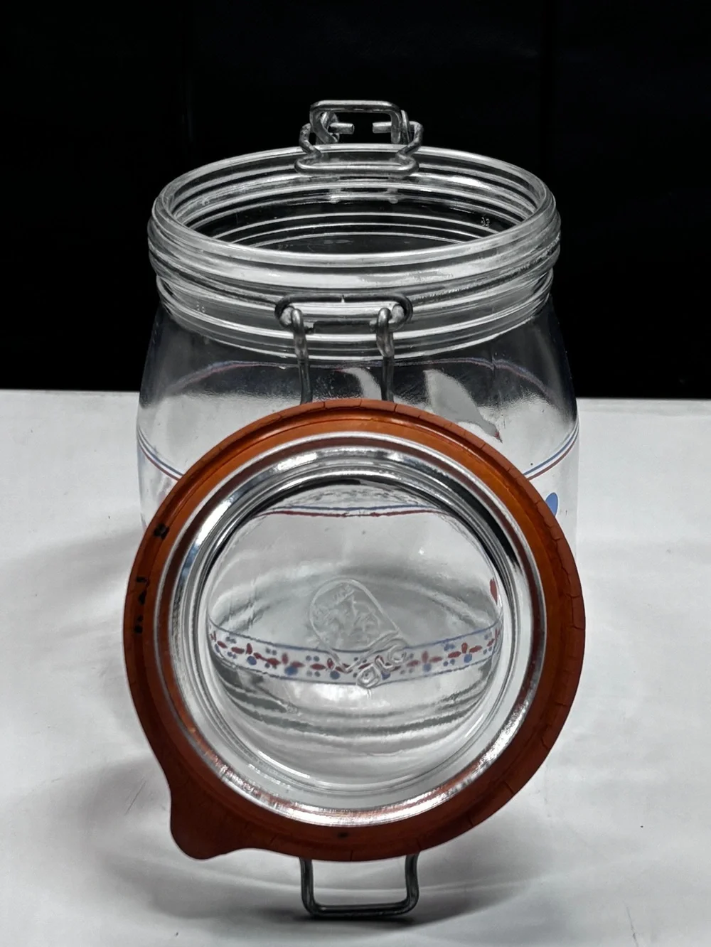 Vintage ARC France Glass Hinged Canister 3/4L Geese & Hearts 80s Country Pastel